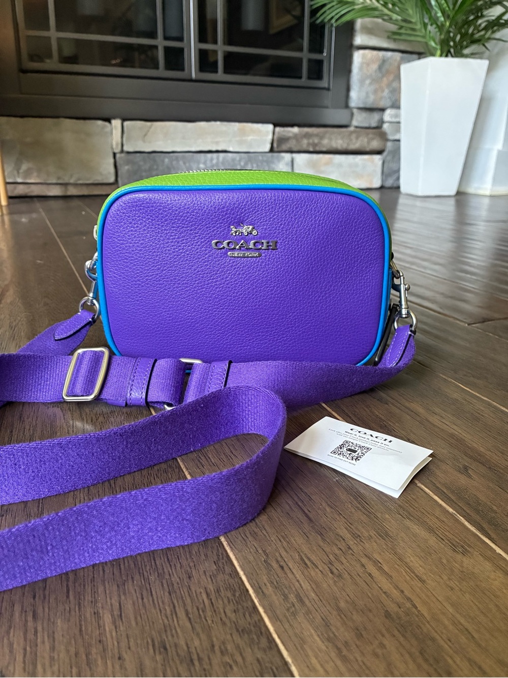 Coach Mini Jamie Leather Camera Crossbody Purse in Colorblock, C9937, Purple